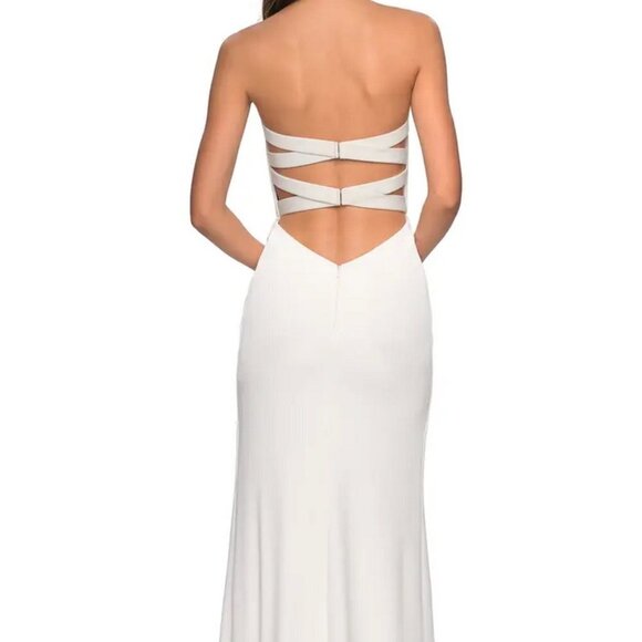 La Femme White Cross Back Strapless Jersey Evening Dress - Picture 1 of 4